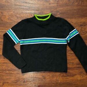 VINTAGE 90s Black Sweater Blue and Green Stripes Streetwear Y2K
